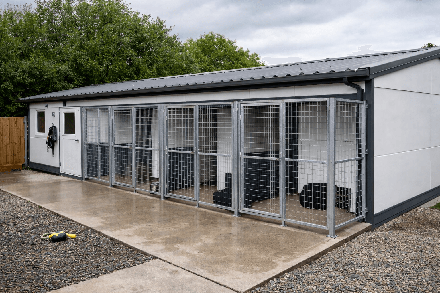 Hygienic white composite cladding panels installed for commercial kennel interior
