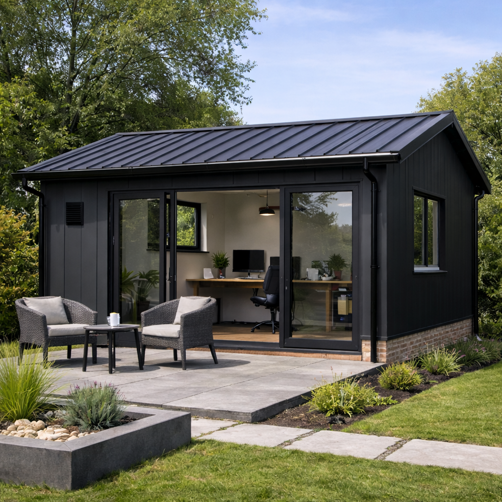 Garden Office POD kit installed showing the sleek Secret-Fix exterior styling